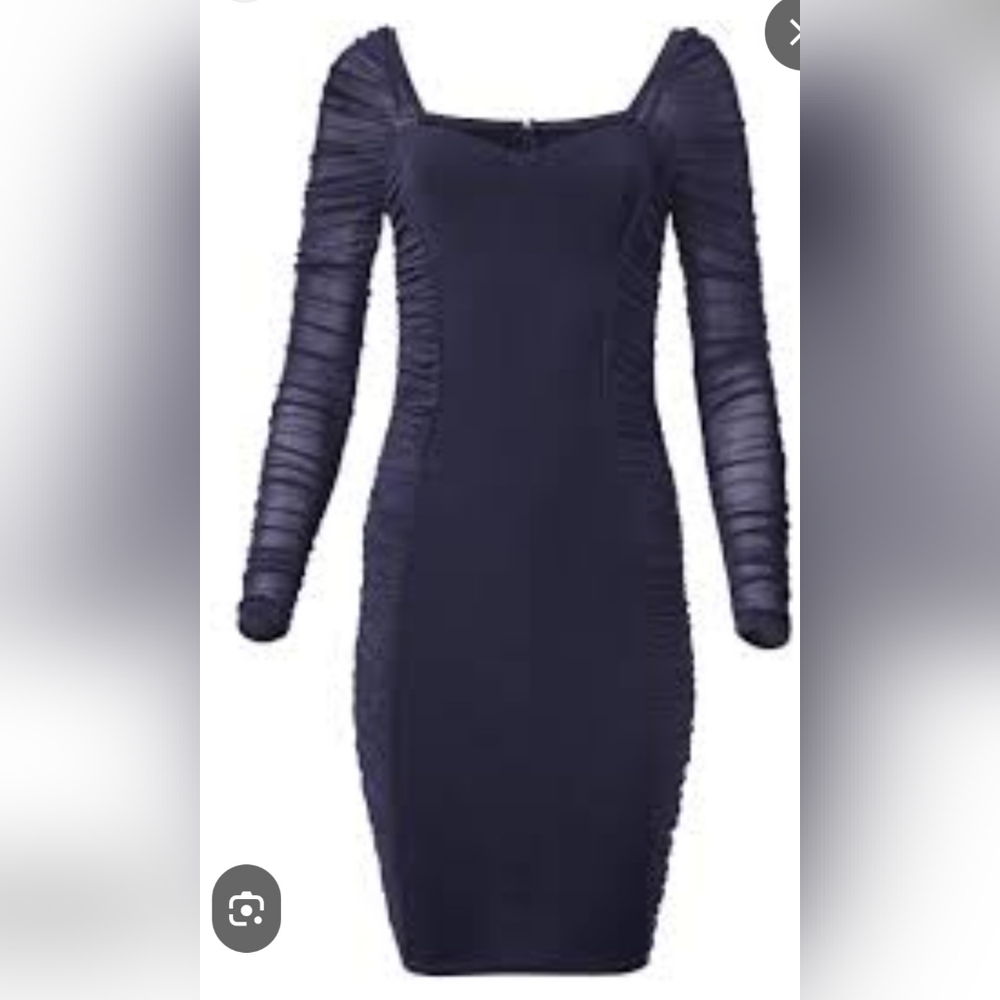 VENUS Blue Ribbed Bodycon Dress with Bishop Sleeves - Picture 2 of 4